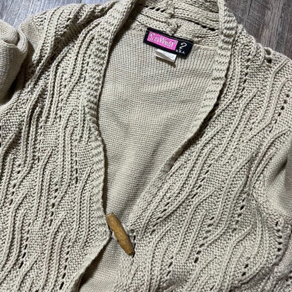 2000s Y2k Say What Tan Knit One Button Long Cardigan Sweater Womens Size Medium - Picture 4 of 5